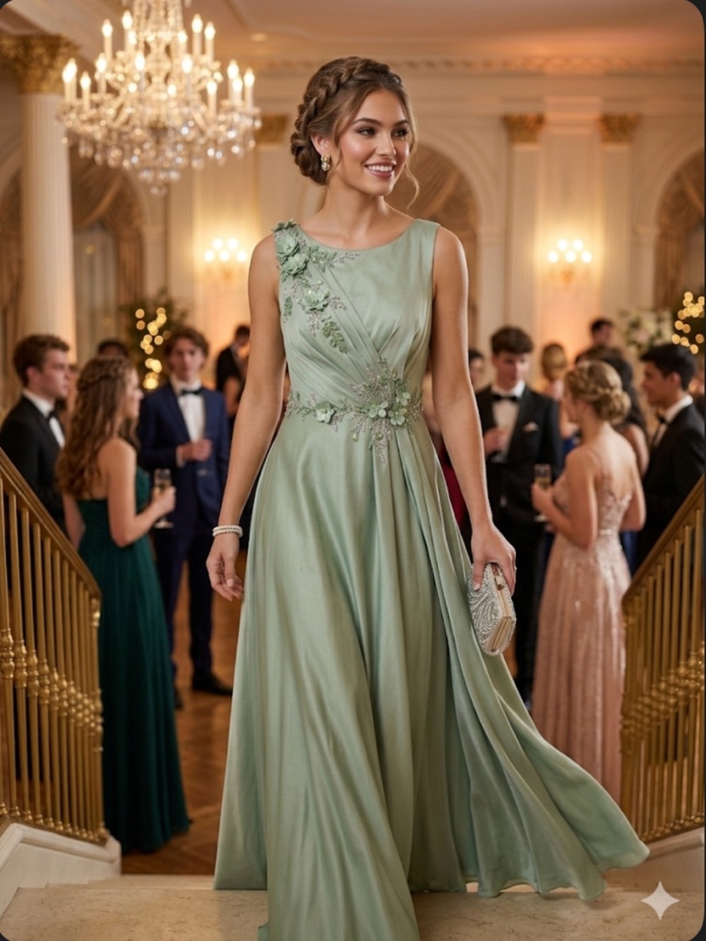 Mac Duggal Sage Green Beaded Floral A-Line Gown Dress 12 NWT